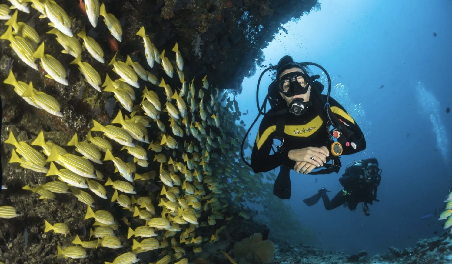 Diver exploring coral formations at The Labyrinth dive site Ningaloo